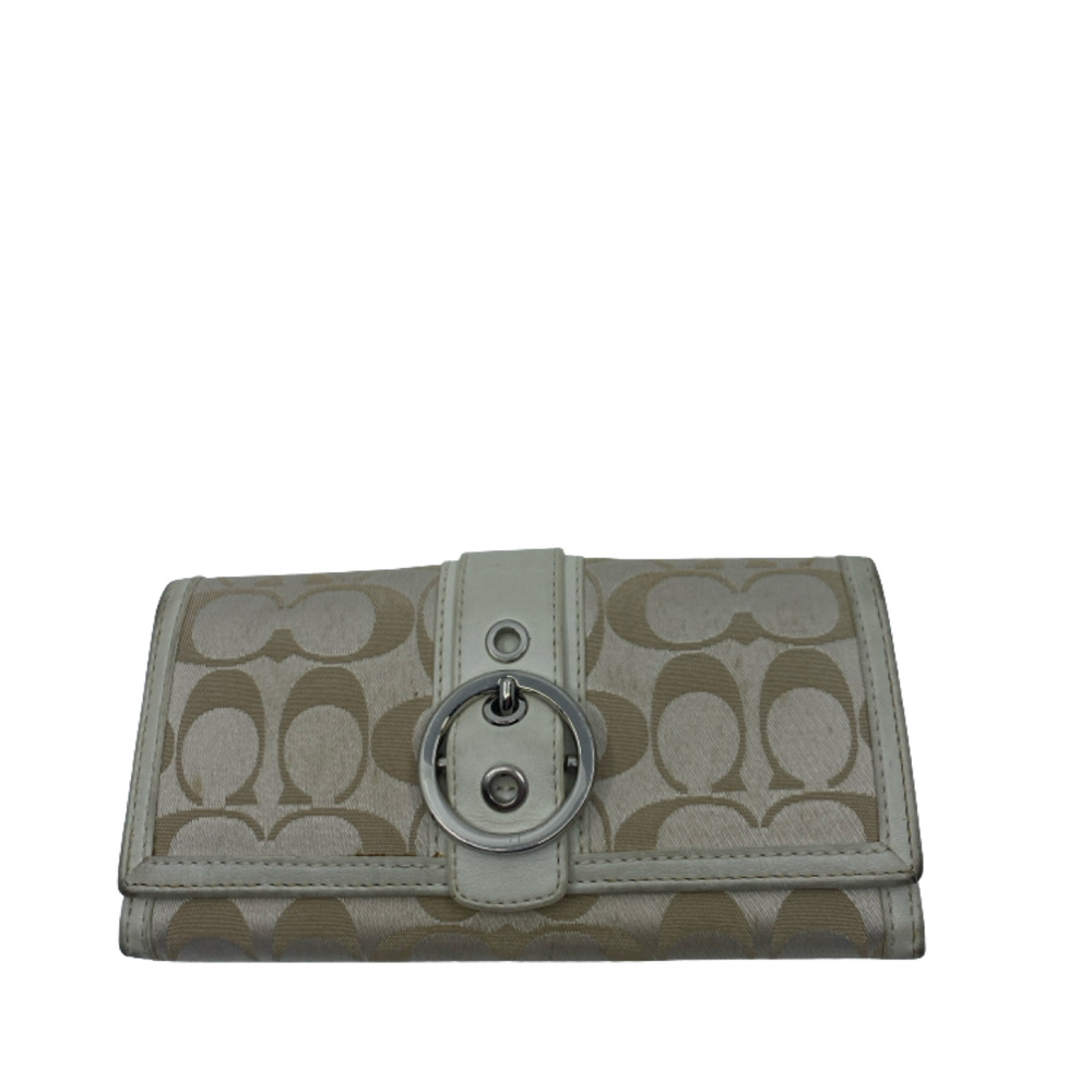 Coach Signature C Buckle Flap Beige Cream Canvas Leather Wallet